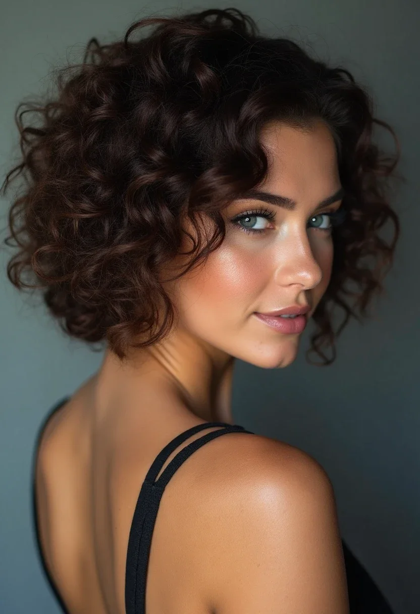 A woman with a sleek back hairstyle, showcasing polished curls.
