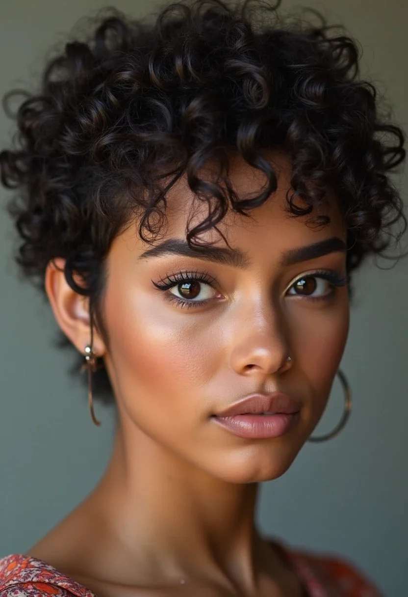 A woman with a tapered cut, featuring structured curls.