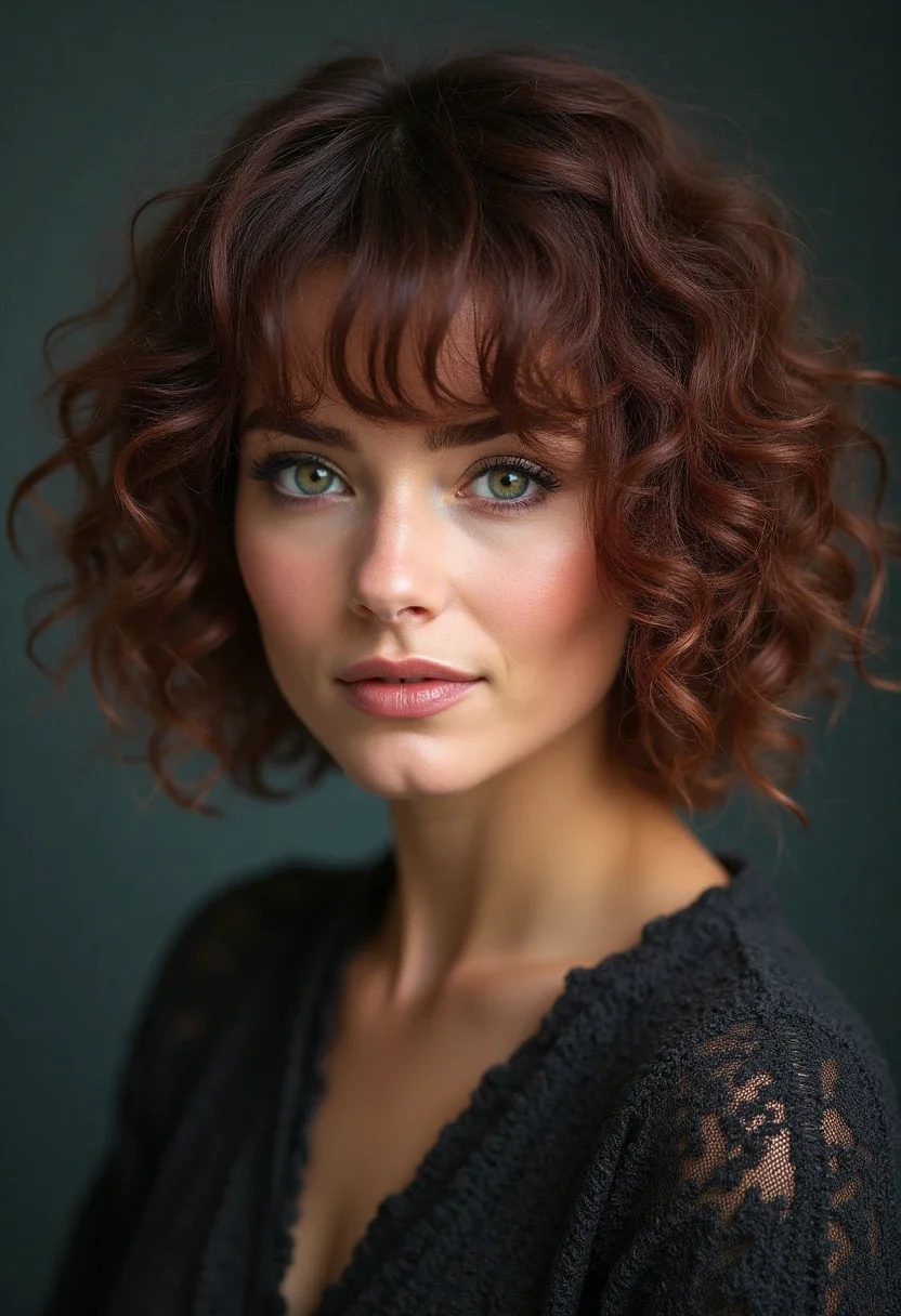 A woman with a curly shag, showcasing layers and movement.
