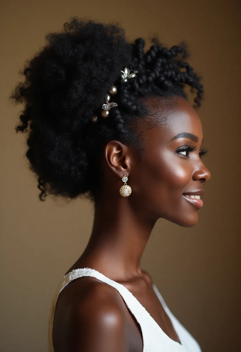 Black woman with a braided updo, emphasizing the sophistication and elegance of this hairstyle.