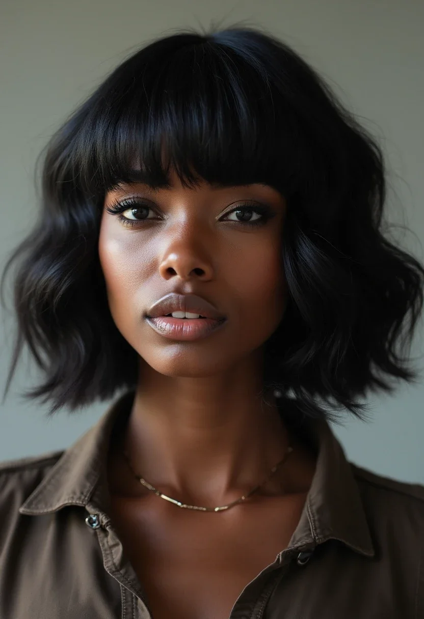 Black woman with a wavy bob cut, demonstrating the versatility of this hairstyle.