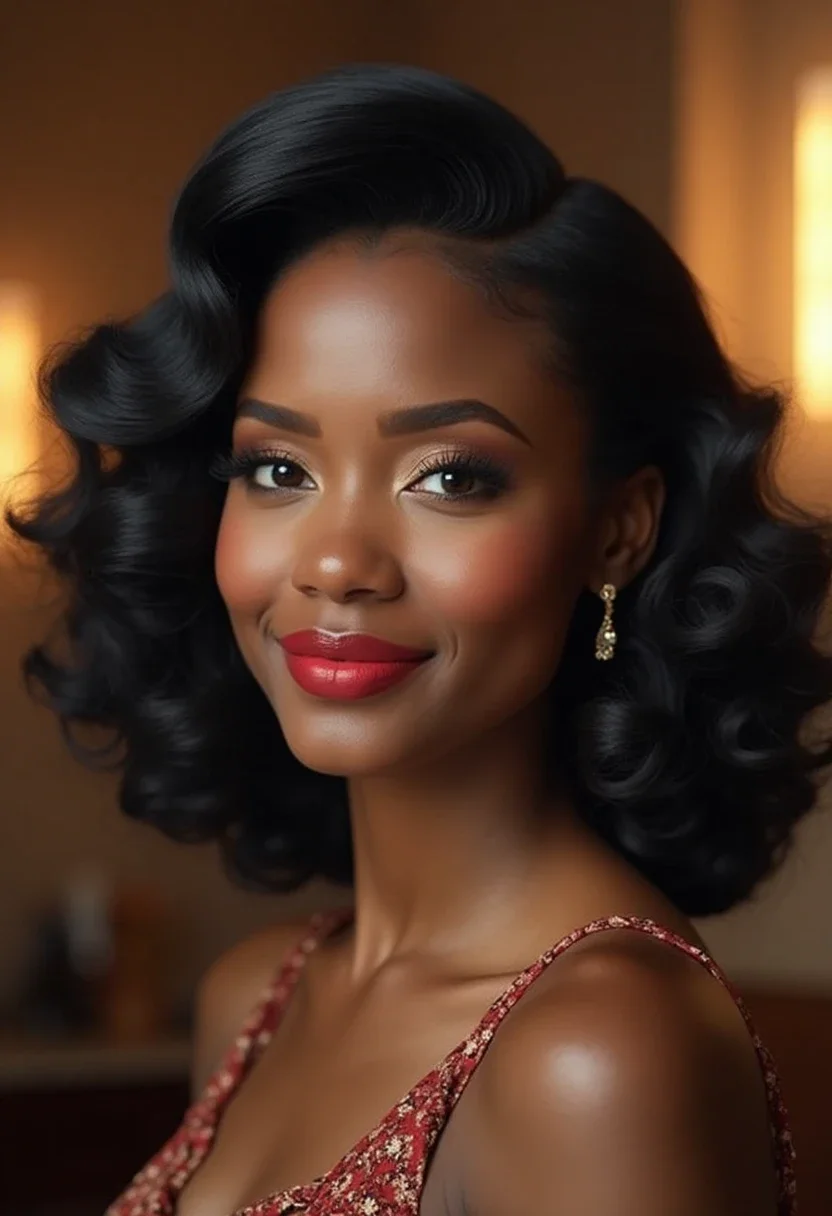 Black woman with finger waves, emphasizing the elegance and sophistication of this hairstyle.