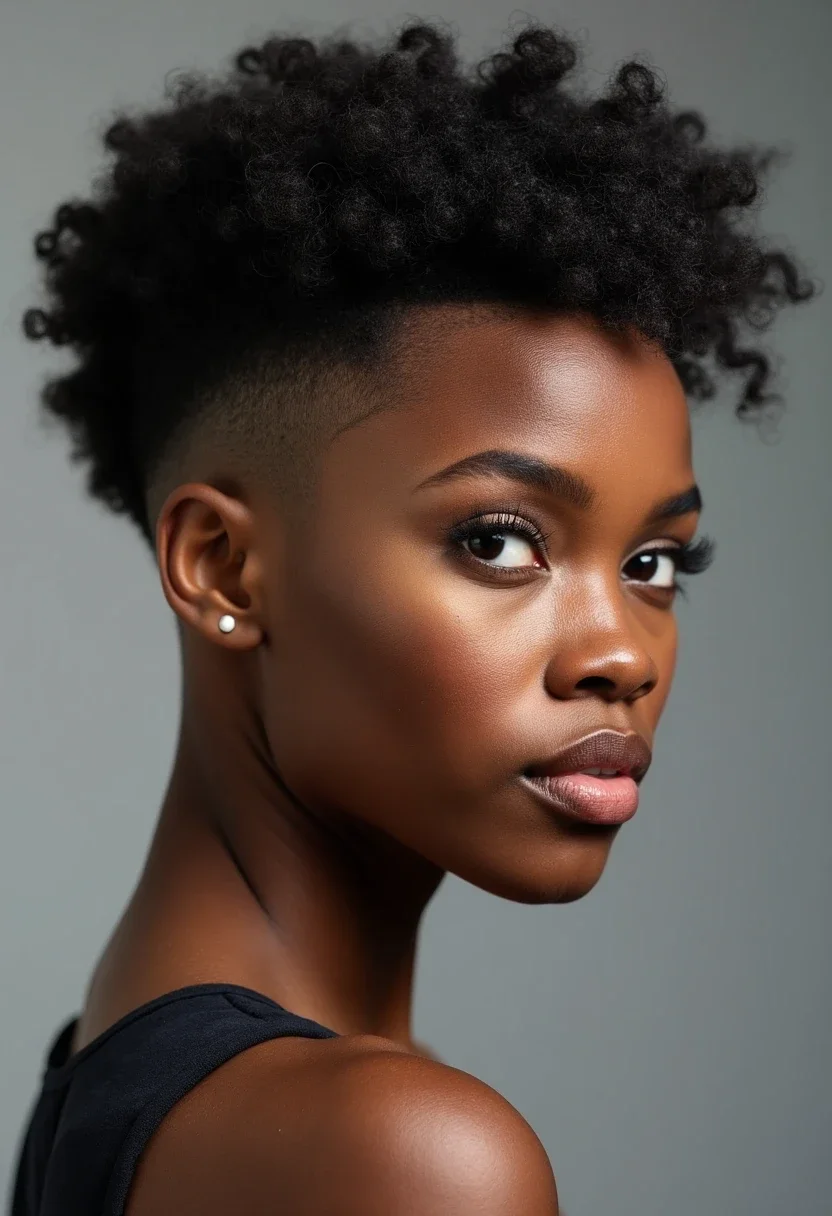 Black woman with a curly fade, highlighting the contrast between textured curls and a clean fade.