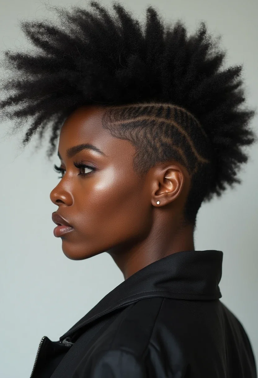 Black woman with a faux hawk, showcasing the bold and daring nature of this hairstyle.