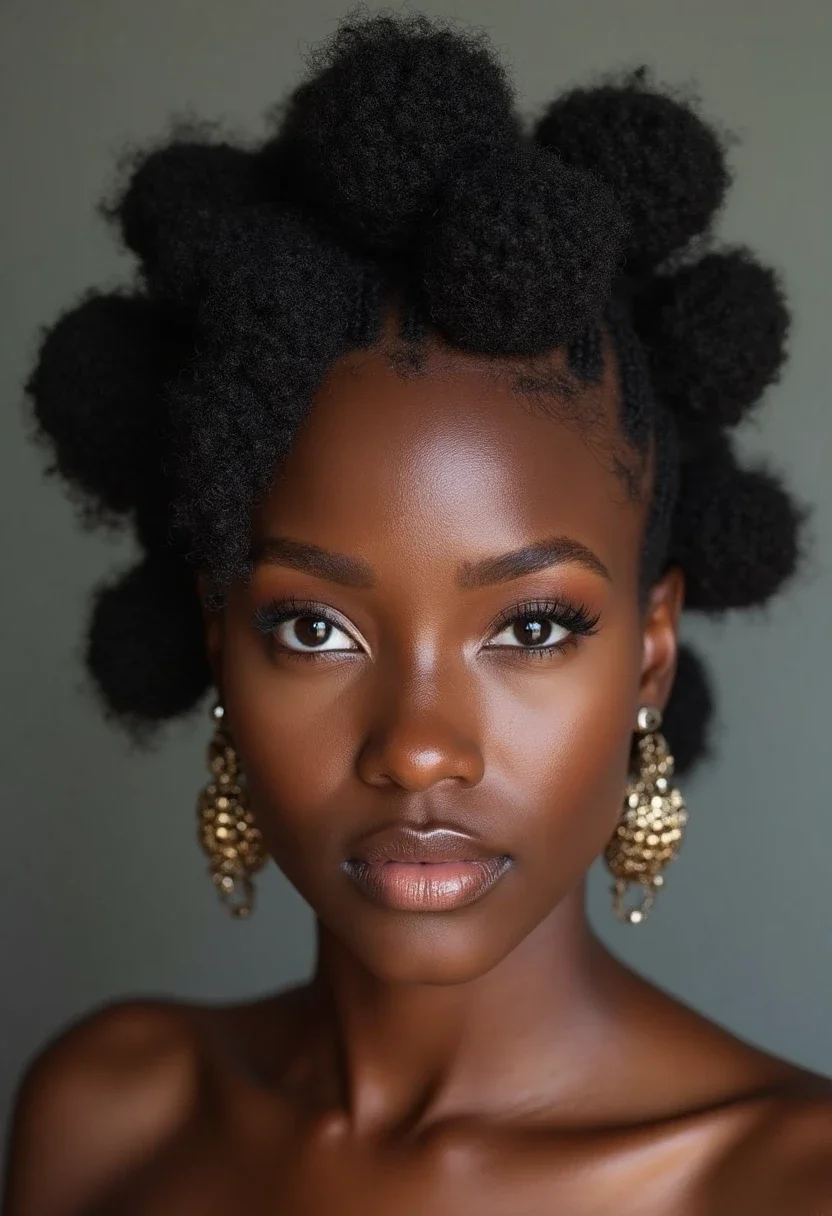 Black woman with Bantu knots, highlighting the cultural heritage and versatility of this hairstyle.