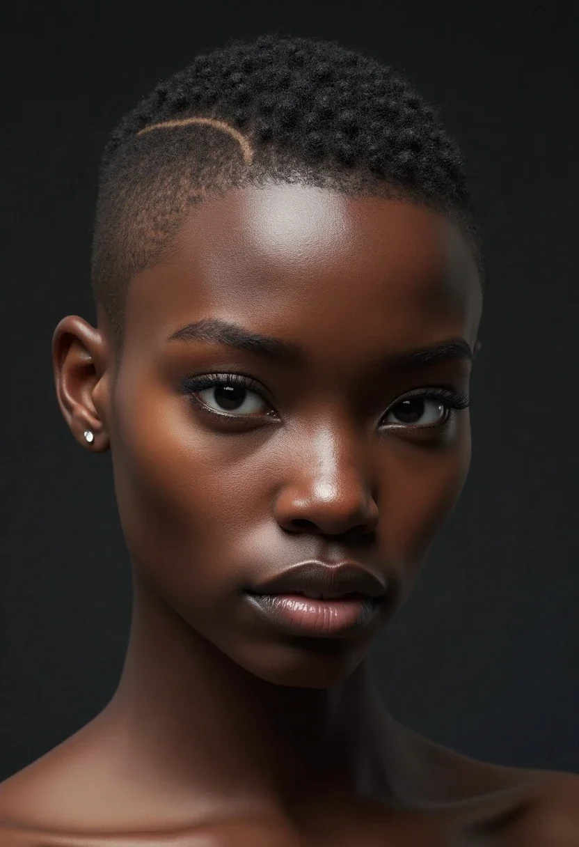 Black woman with a buzz cut, emphasizing the simplicity and boldness of this hairstyle.
