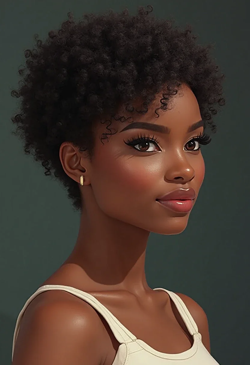 Black woman with a tapered cut, highlighting the natural curls and stylish silhouette of this hairstyle.
