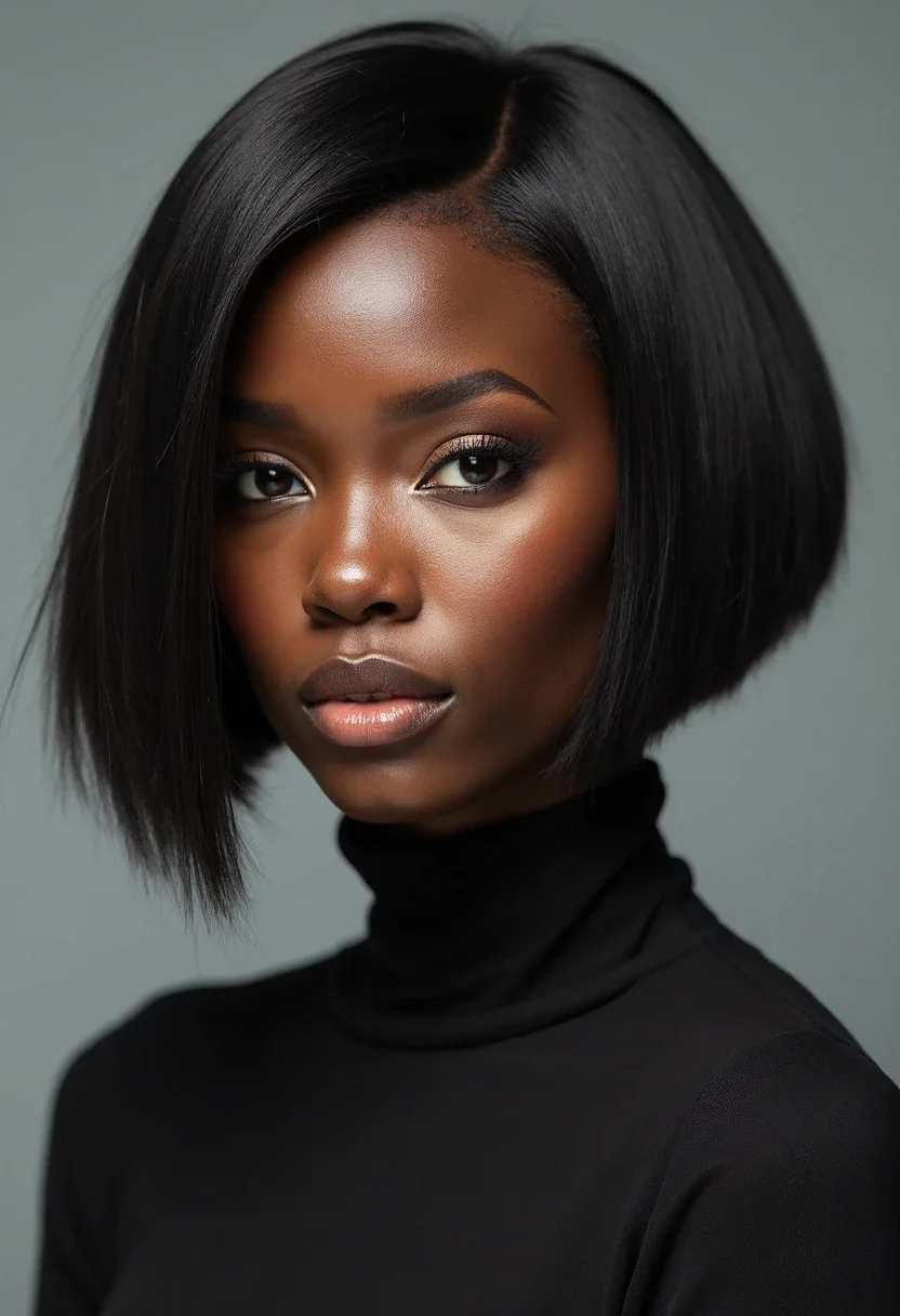Black woman with an asymmetrical bob, showcasing the edgy and modern nature of this hairstyle.