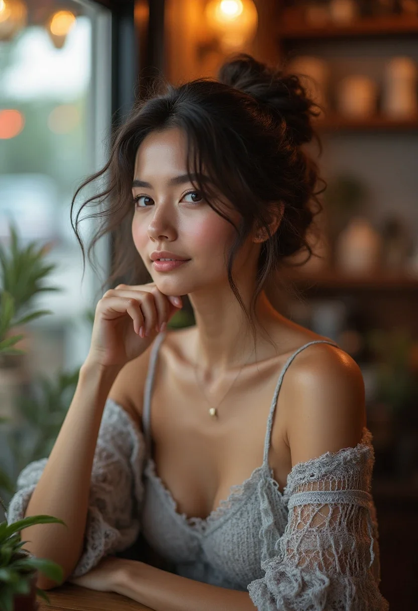 Woman with messy bun hairstyle in a relaxed cafe setting.
