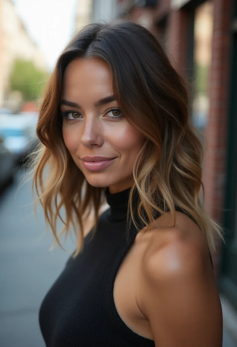 Woman with a layered cut hairstyle in an urban setting.