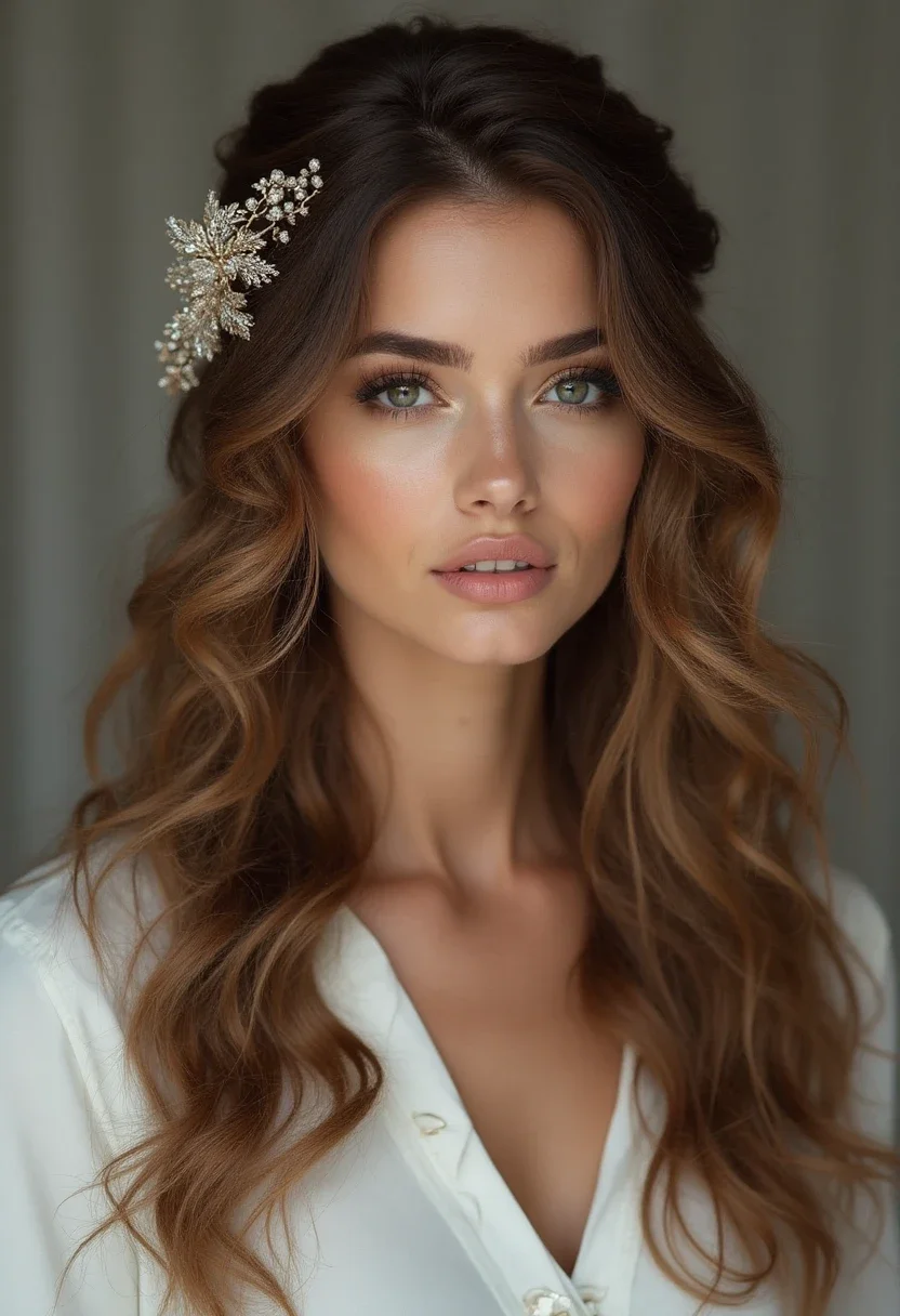 Woman with a half-up half-down hairstyle and a decorative hairpiece.