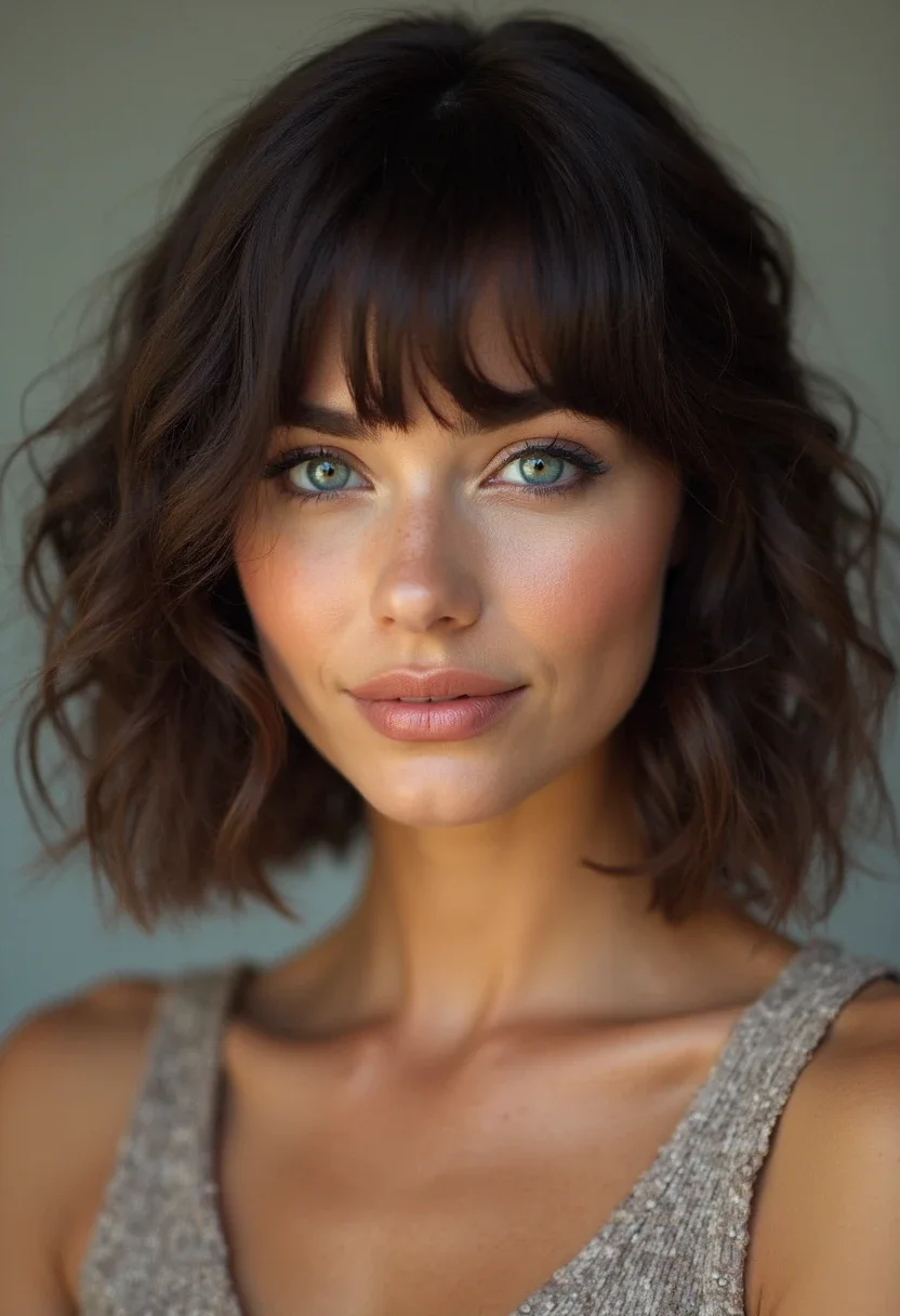 Woman with a classic bob haircut emphasizing wavy hair.
