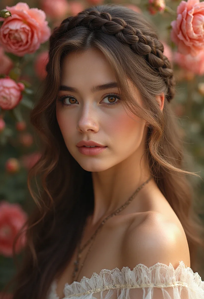 Woman with a braided crown hairstyle in a floral setting.