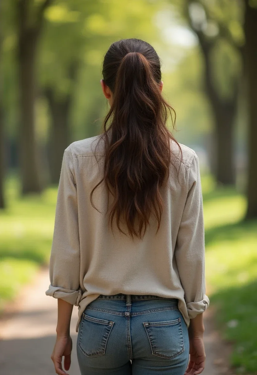 Woman with a loose ponytail hairstyle in a park setting.