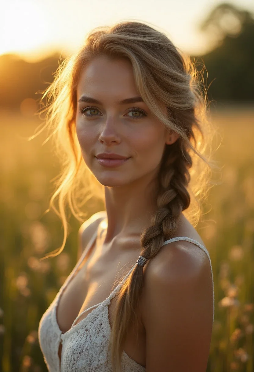 Woman with a side braid hairstyle in a sunny meadow.