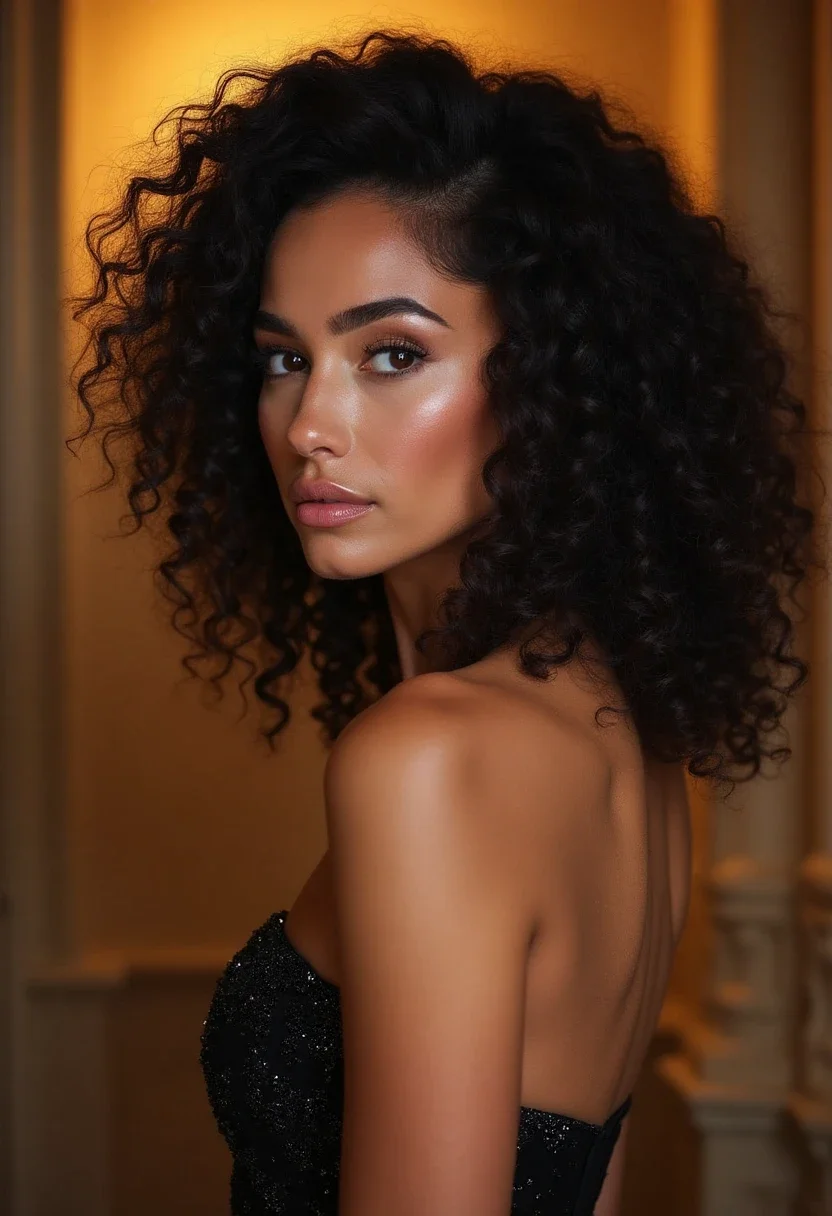 Woman with voluminous curls hairstyle at an evening event.
