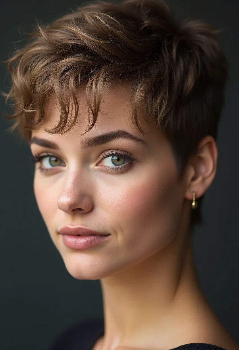 Woman with a pixie cut hairstyle showcasing wavy hair.