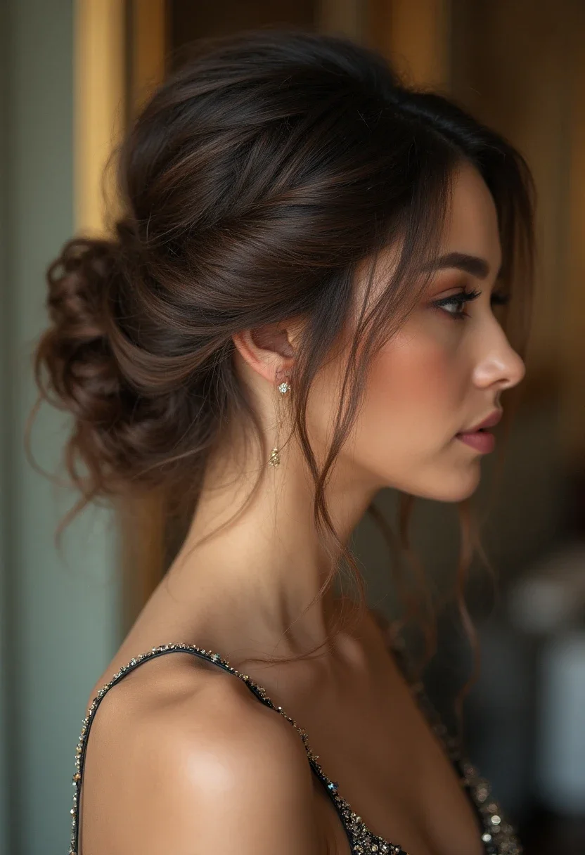 Woman with a glamorous updo hairstyle at a formal occasion.