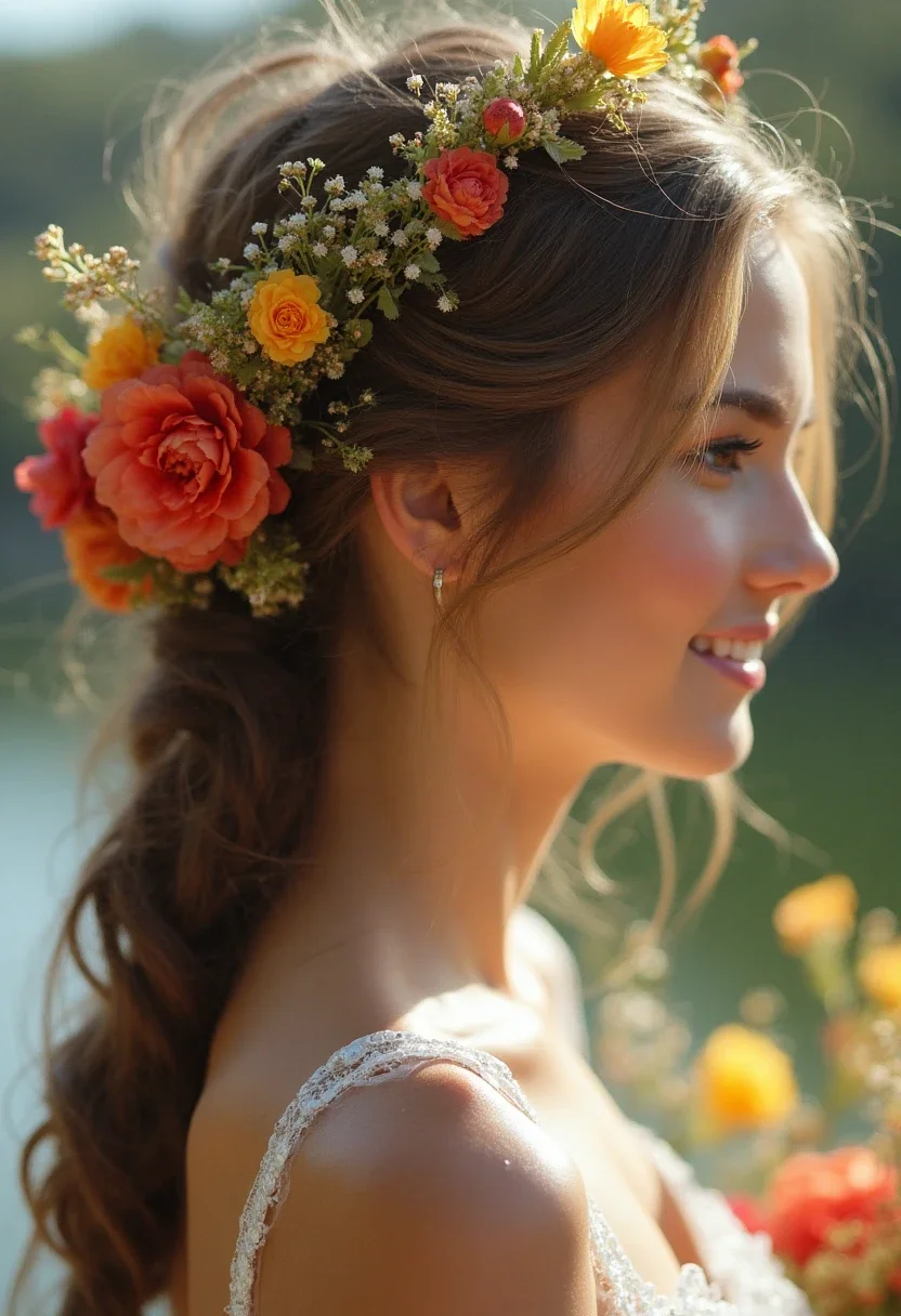 Bride with a floral crown braid decorated with colorful flowers.