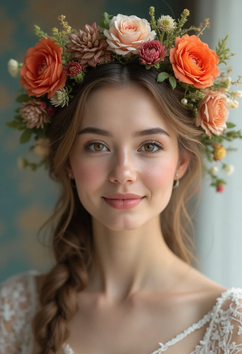 Bride with a braided halo adorned with fresh flowers.