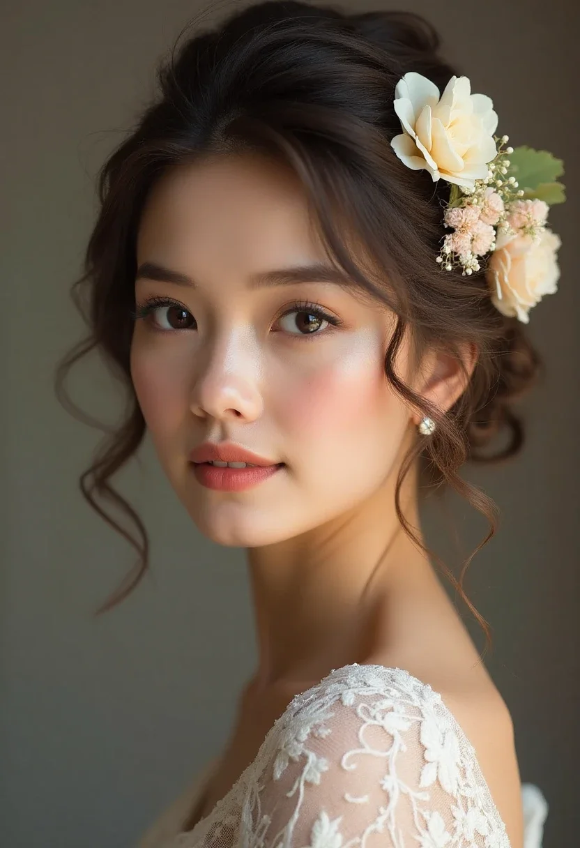 Bride with open hair adorned with floral clips.