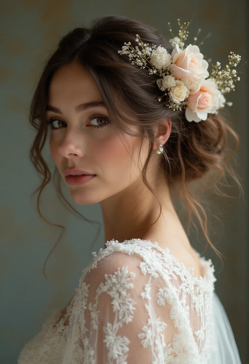Bride with a messy side bun adorned with small flowers.