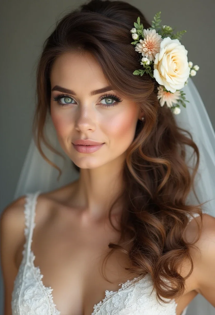 Bride with a half-up hairstyle and cascading curls adorned with flowers.