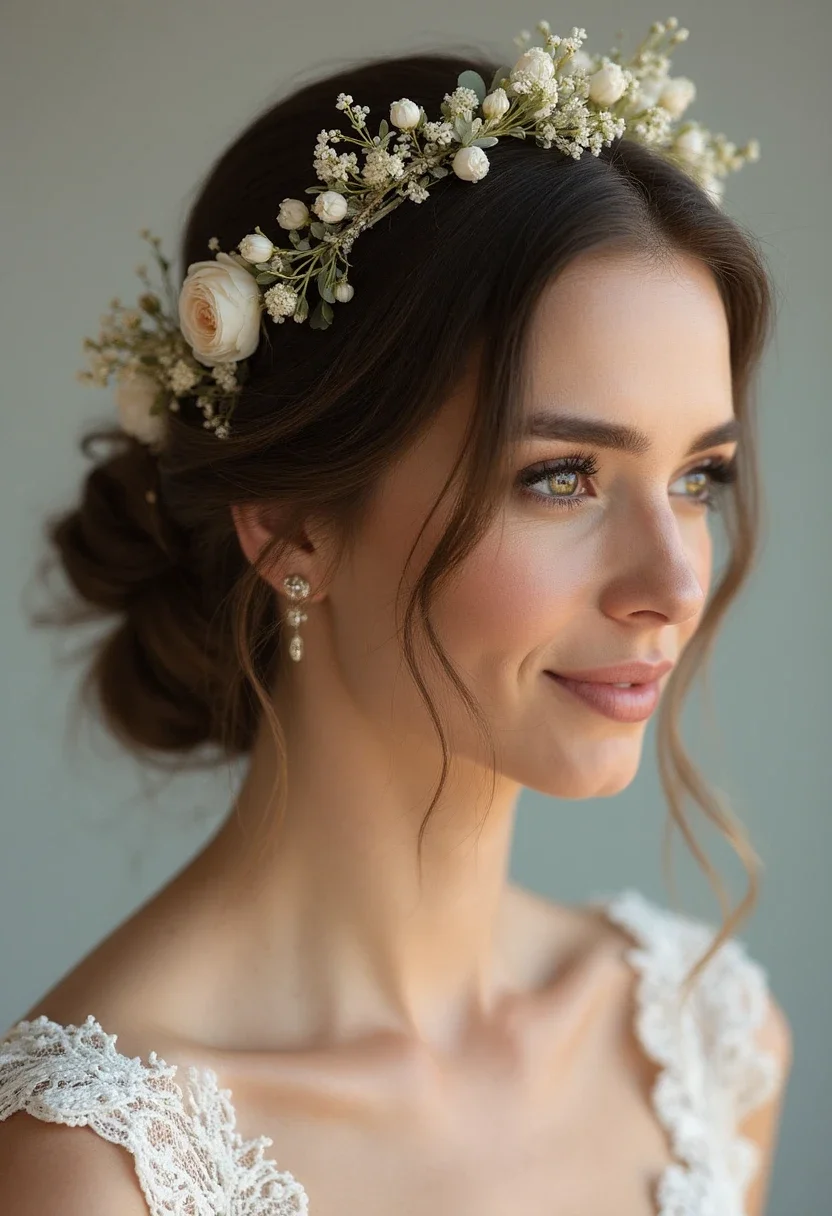 Bride with a twisted low bun decorated with flowers.
