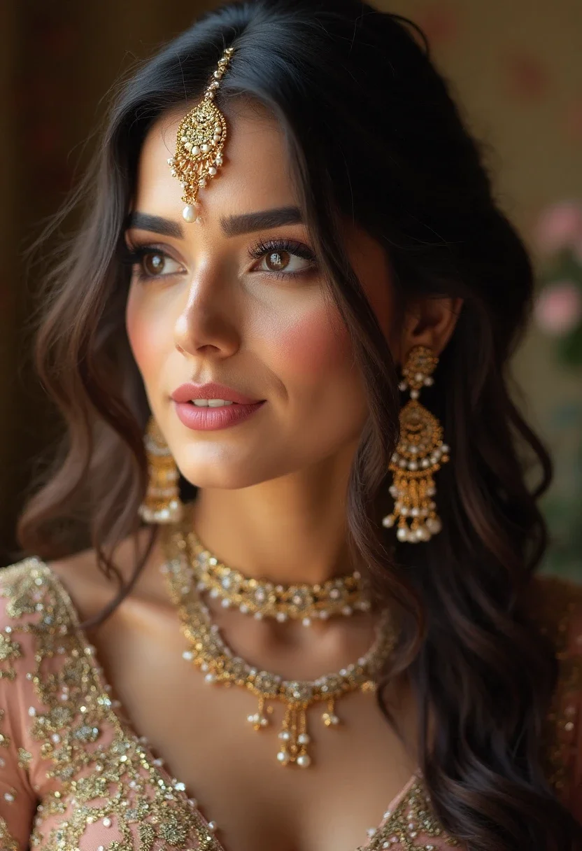 Bride with loose waves wearing a Maang Tikka.