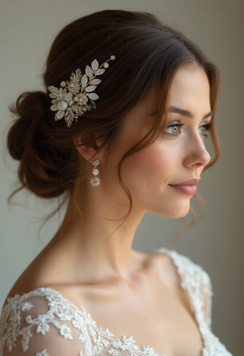 Bride with an elegant chignon decorated with a hairpin.
