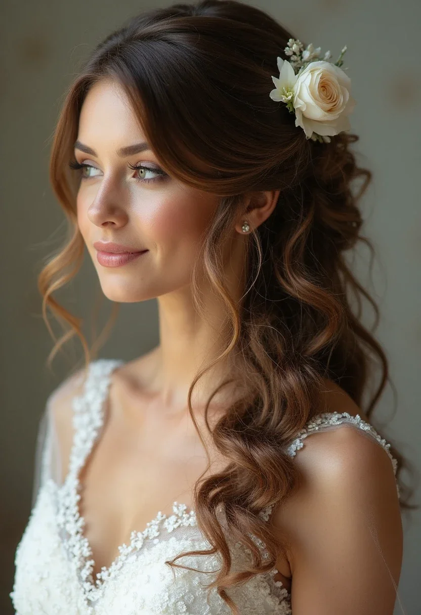 Bride with side-swept curls wearing a floral clip.