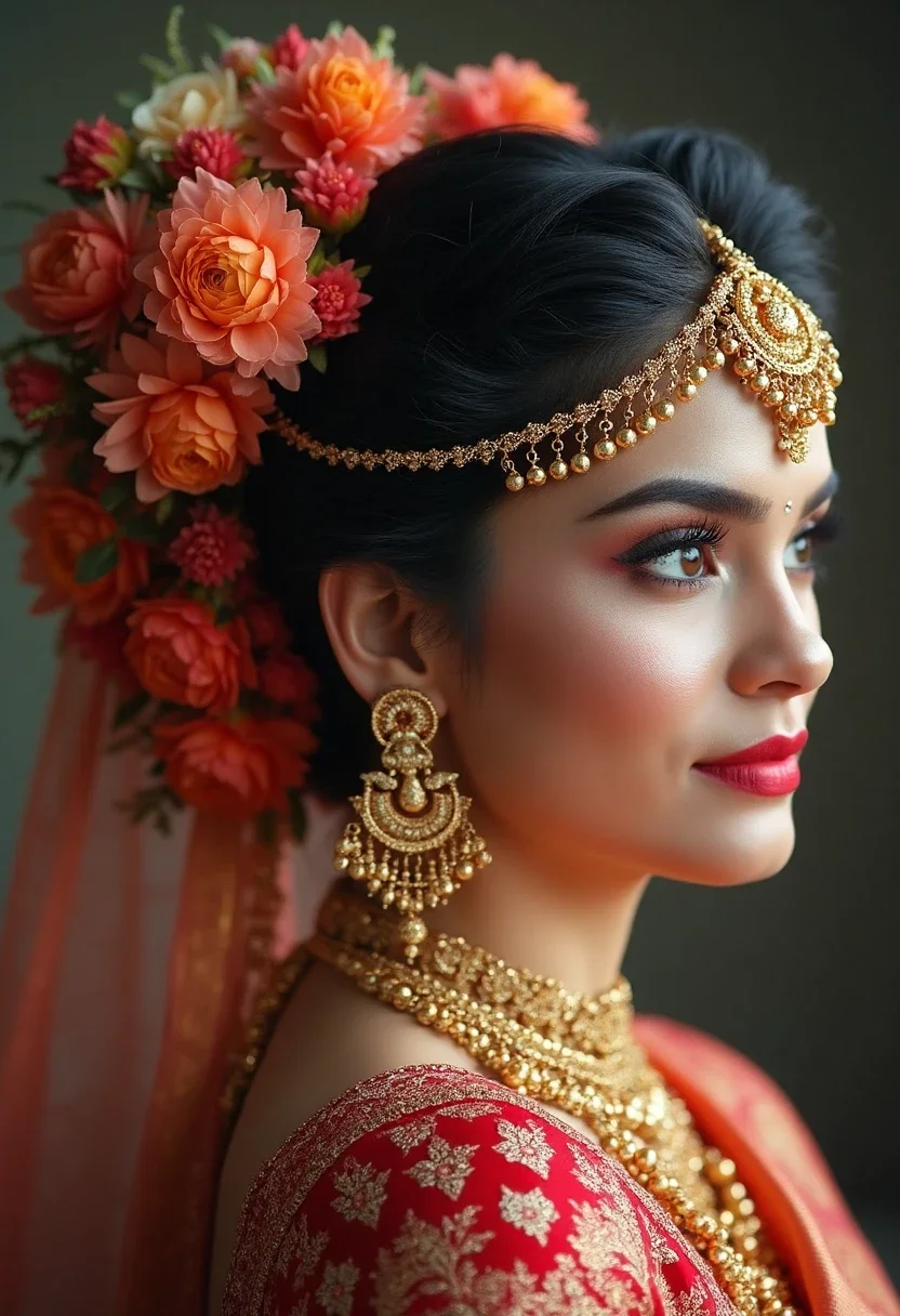 Bride with a bun wrapped in jasmine Gajra flowers.