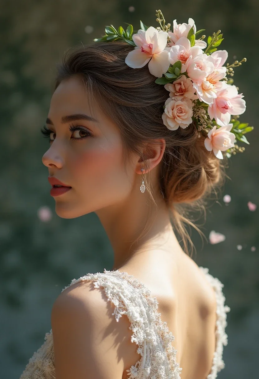 Bride with a high bun decorated with orchids and roses.