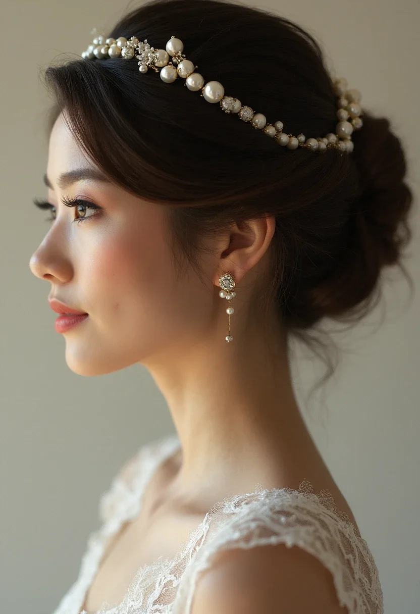 Maid of honor with a classic chignon hairstyle and pearl pins.