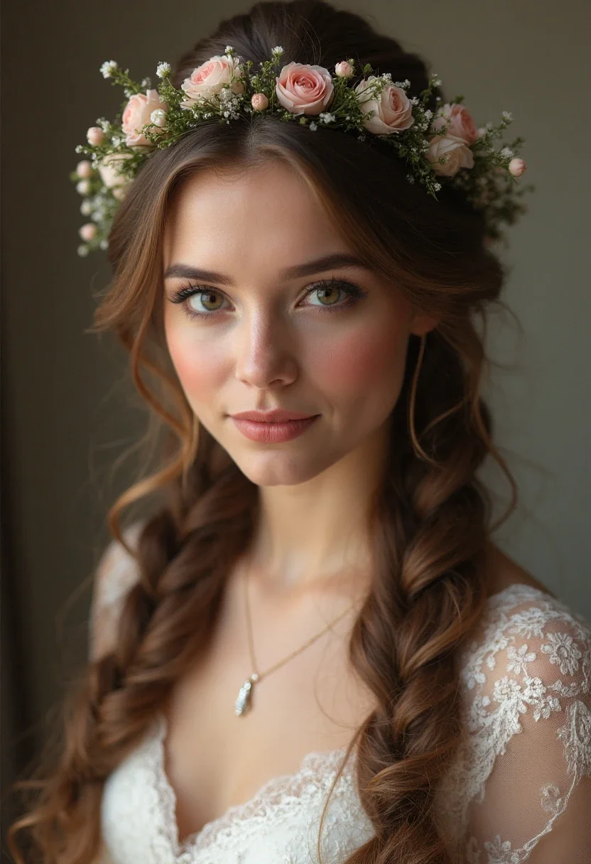 Maid of honor with a braided crown hairstyle and floral embellishments.