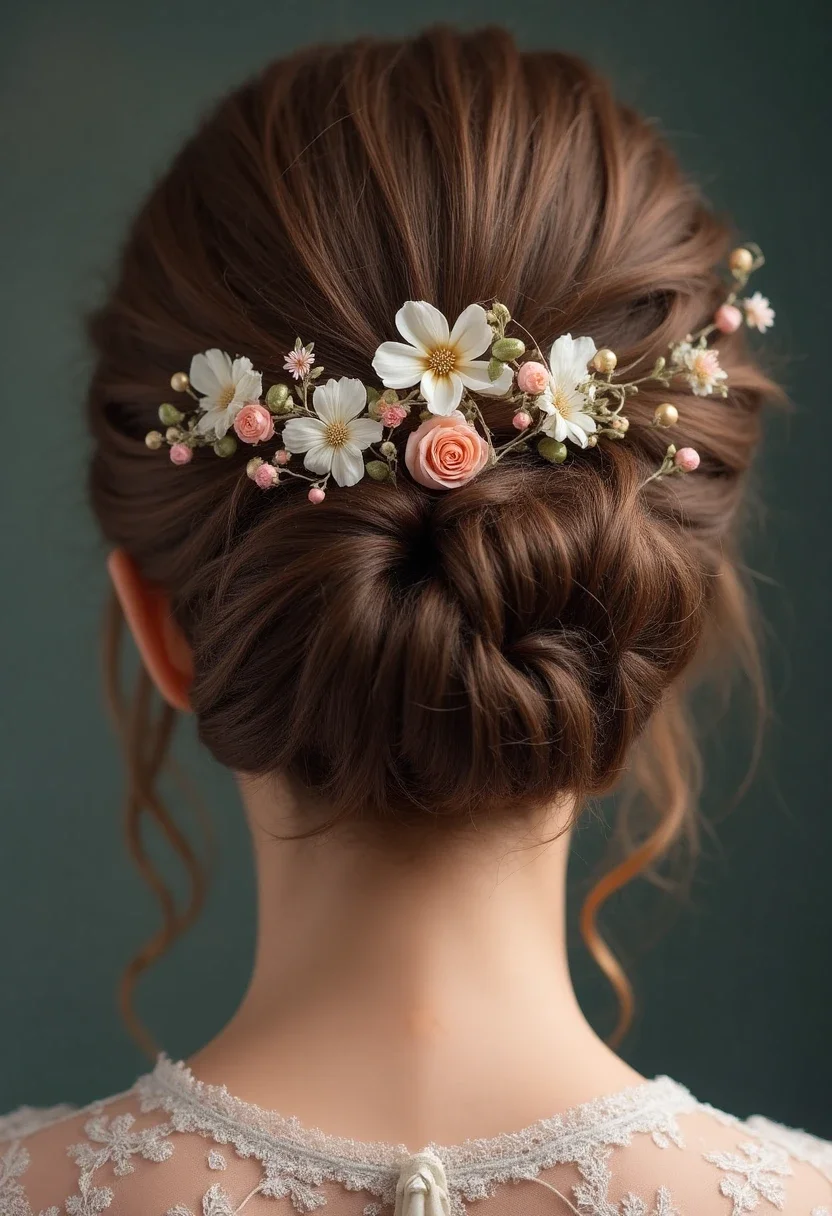 Maid of honor with a textured bun and decorative pins and flowers.
