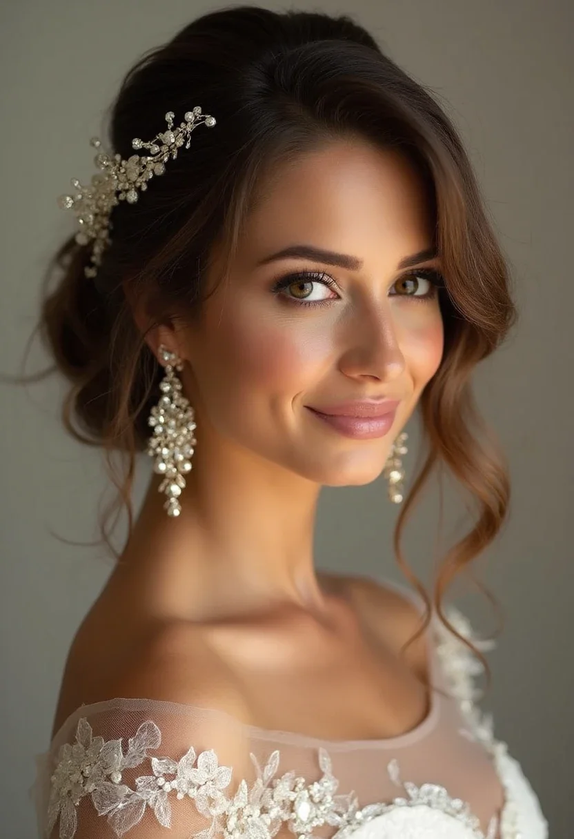 Maid of honor with side swept curls and statement earrings.