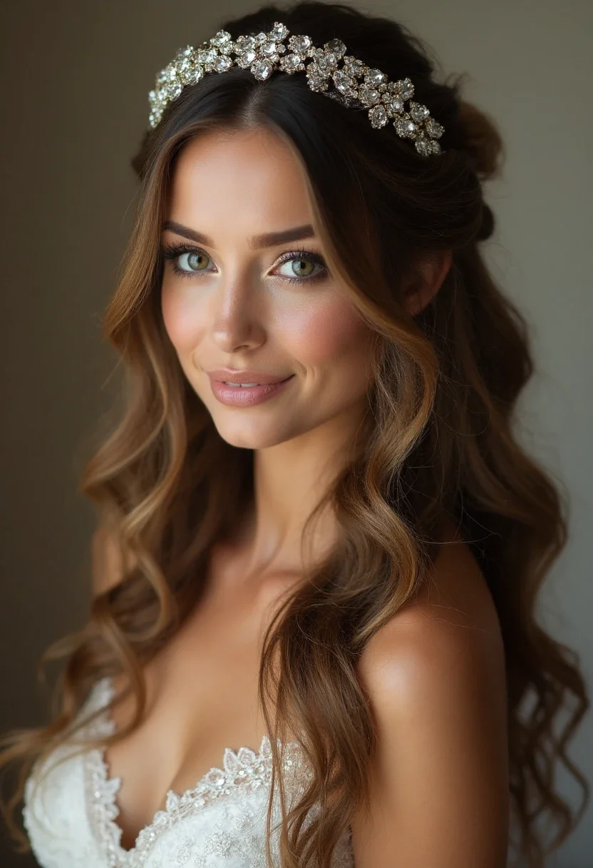 Maid of honor with long loose waves and a jeweled headband.