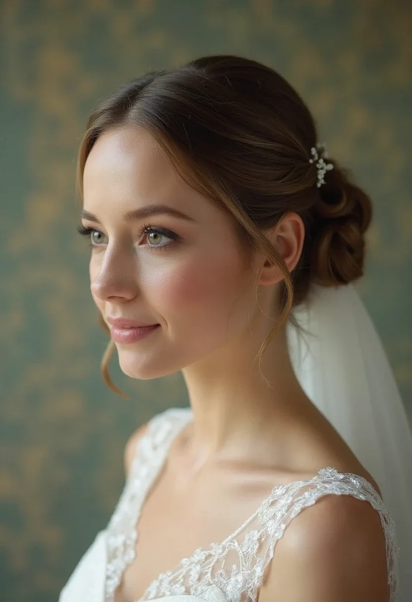 Maid of honor with a sleek low bun and a simple veil.