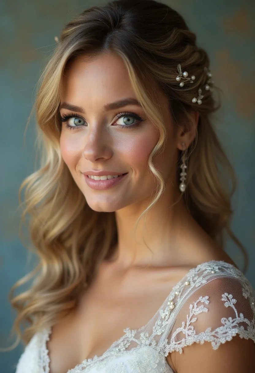Maid of honor with a half-up, half-down twist and decorative pins.
