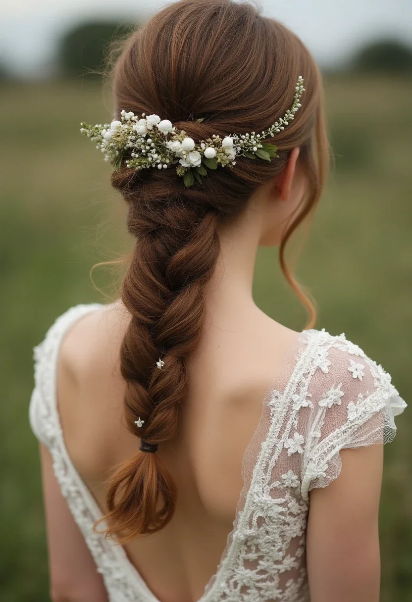 Maid of honor with a boho fishtail braid and small flowers.
