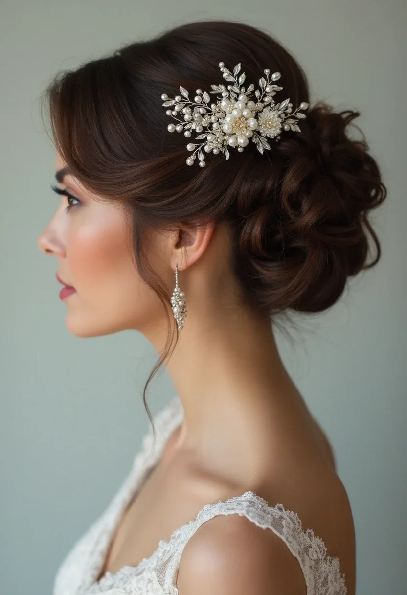 Maid of honor with a French twist hairstyle and a pearl comb.