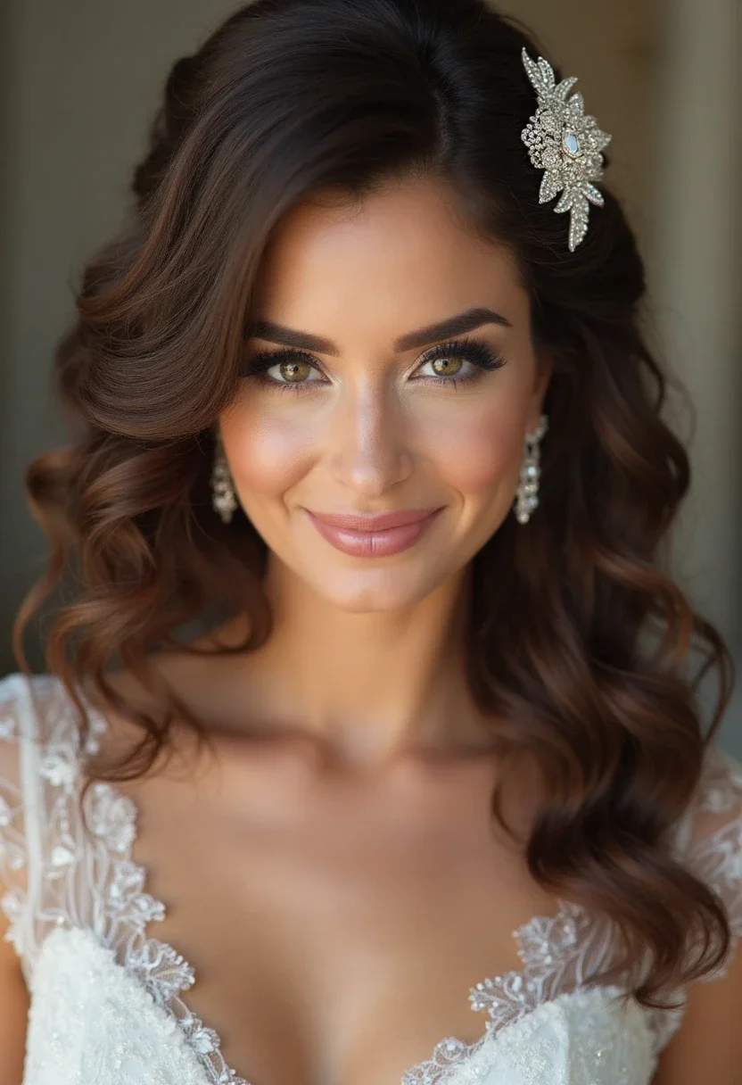 Maid of honor with Hollywood curls and a sparkling hair accessory.