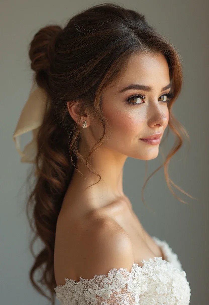 Maid of honor with a chic ponytail, wrapped hair section, and ribbon.