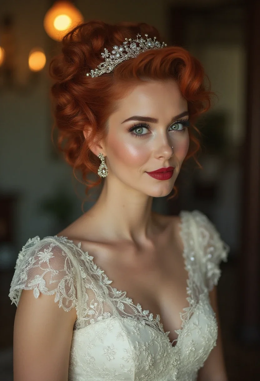 Maid of honor with vintage victory rolls and vintage accessories.