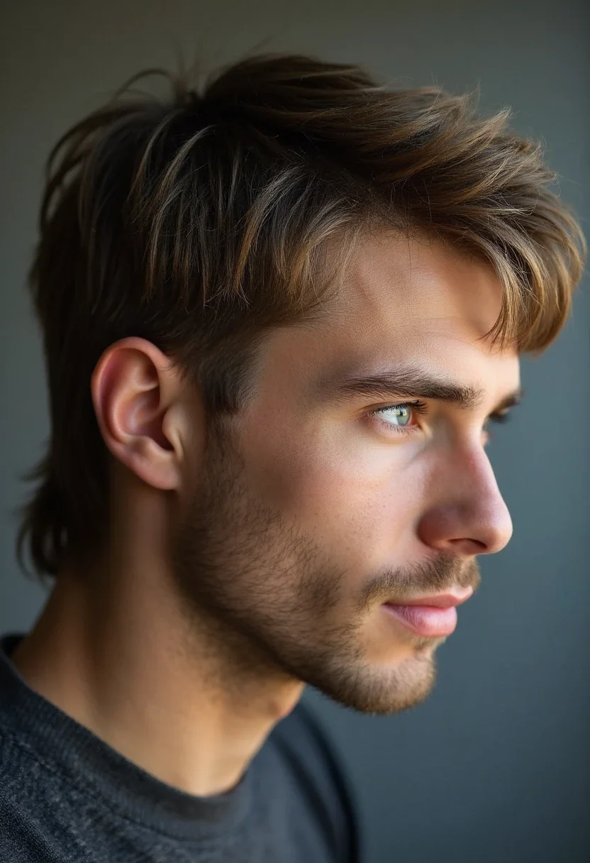 Man with classic mullet hairstyle and straight hair.