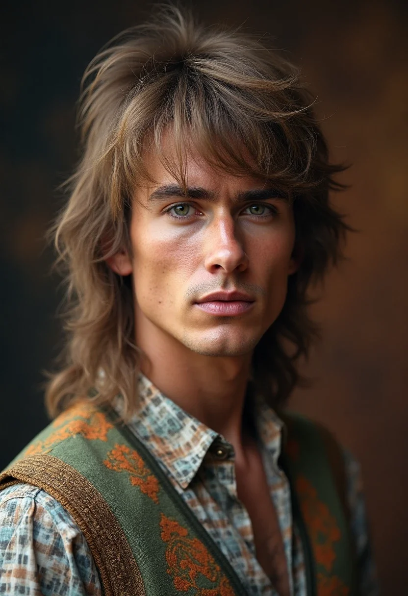 Man with retro mullet hairstyle and straight hair.