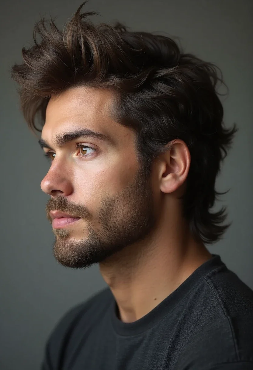 Man with textured mullet hairstyle and straight hair.