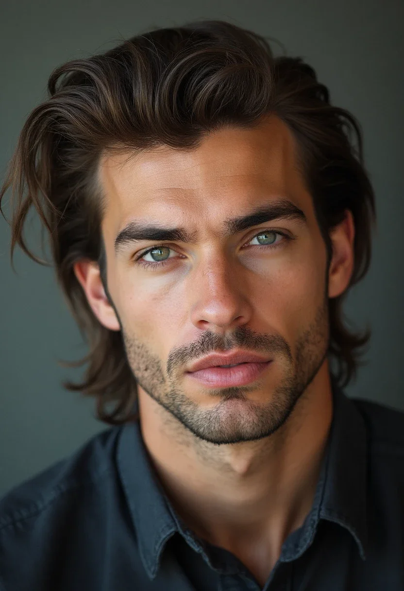 Man with sleek mullet hairstyle and straight hair.