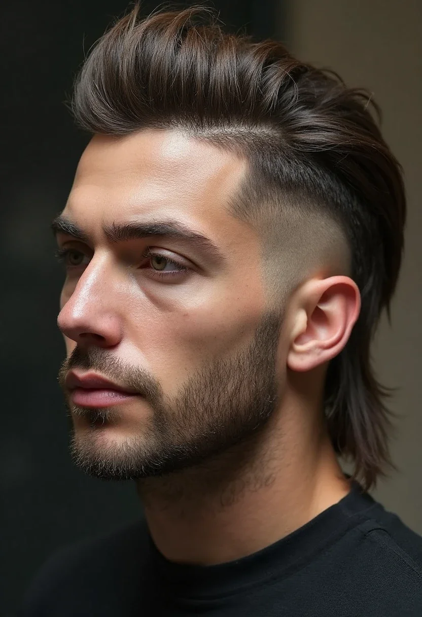 Man with undercut mullet hairstyle and straight hair.